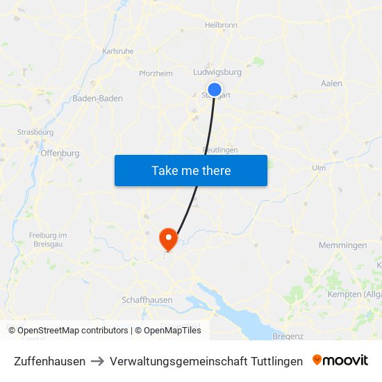 Zuffenhausen to Verwaltungsgemeinschaft Tuttlingen map