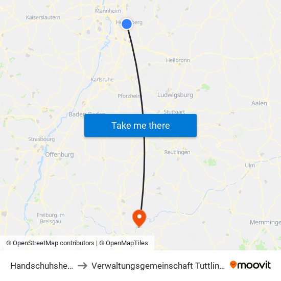 Handschuhsheim to Verwaltungsgemeinschaft Tuttlingen map