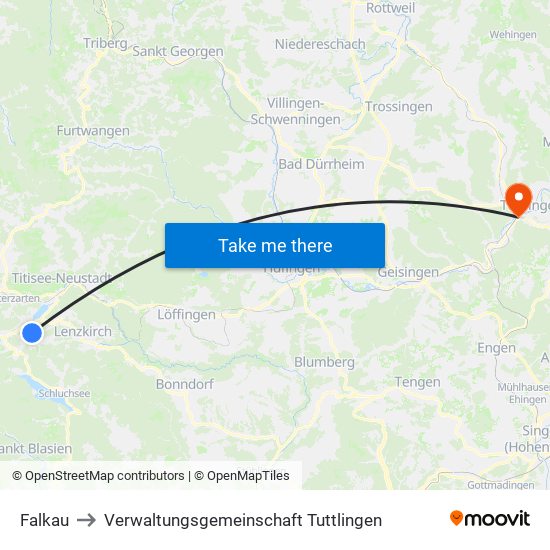 Falkau to Verwaltungsgemeinschaft Tuttlingen map