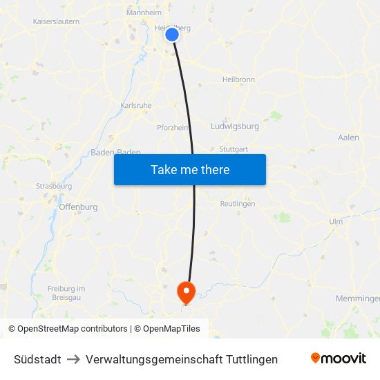 Südstadt to Verwaltungsgemeinschaft Tuttlingen map