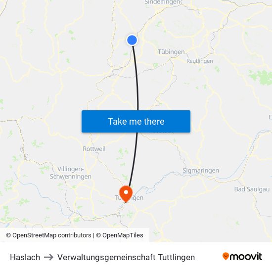 Haslach to Verwaltungsgemeinschaft Tuttlingen map