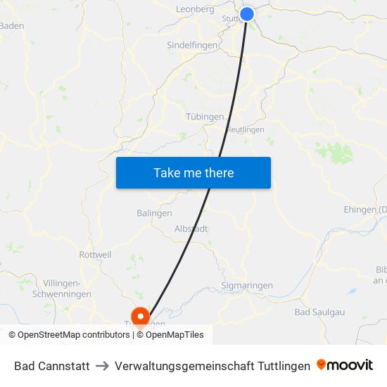 Bad Cannstatt to Verwaltungsgemeinschaft Tuttlingen map