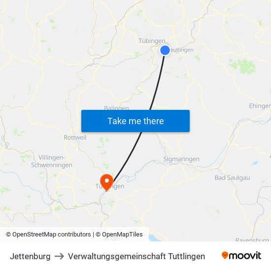Jettenburg to Verwaltungsgemeinschaft Tuttlingen map