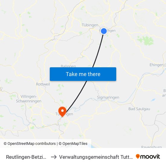 Reutlingen-Betzingen to Verwaltungsgemeinschaft Tuttlingen map