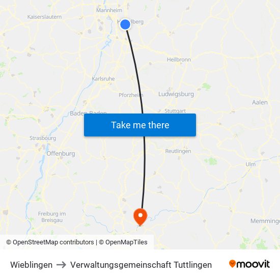 Wieblingen to Verwaltungsgemeinschaft Tuttlingen map
