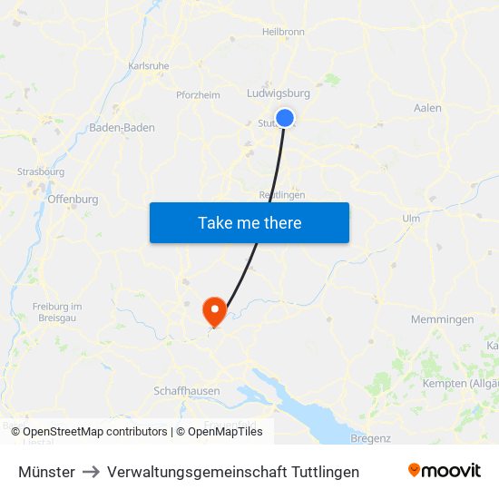 Münster to Verwaltungsgemeinschaft Tuttlingen map