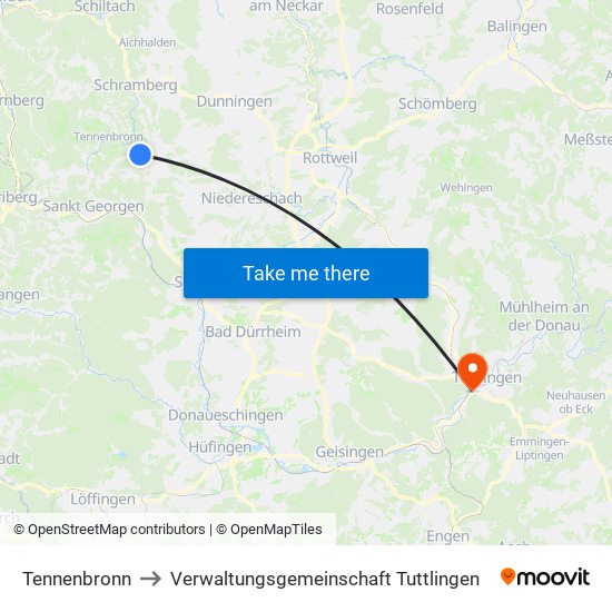 Tennenbronn to Verwaltungsgemeinschaft Tuttlingen map