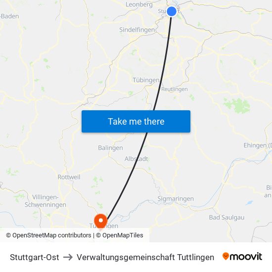 Stuttgart-Ost to Verwaltungsgemeinschaft Tuttlingen map