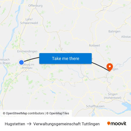 Hugstetten to Verwaltungsgemeinschaft Tuttlingen map