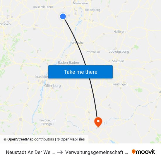 Neustadt An Der Weinstraße to Verwaltungsgemeinschaft Tuttlingen map