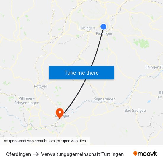 Oferdingen to Verwaltungsgemeinschaft Tuttlingen map