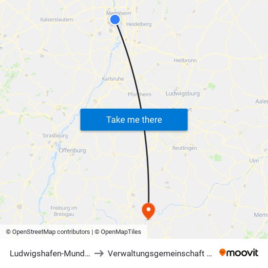 Ludwigshafen-Mundenheim to Verwaltungsgemeinschaft Tuttlingen map