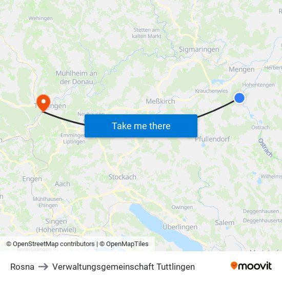 Rosna to Verwaltungsgemeinschaft Tuttlingen map