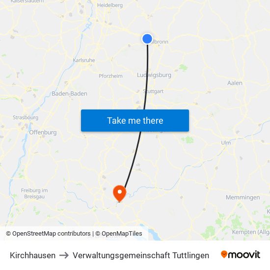 Kirchhausen to Verwaltungsgemeinschaft Tuttlingen map