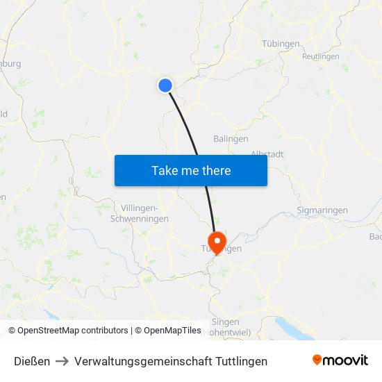 Dießen to Verwaltungsgemeinschaft Tuttlingen map