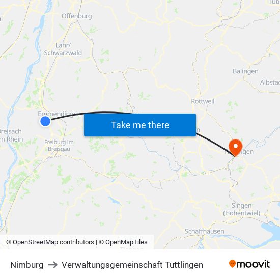 Nimburg to Verwaltungsgemeinschaft Tuttlingen map