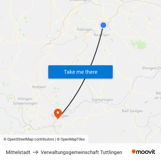 Mittelstadt to Verwaltungsgemeinschaft Tuttlingen map