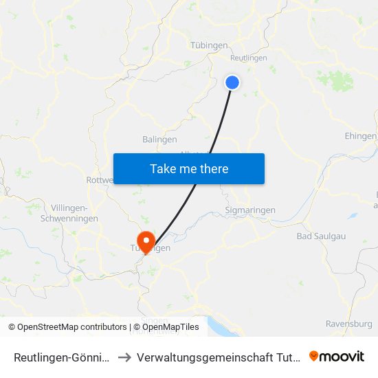 Reutlingen-Gönningen to Verwaltungsgemeinschaft Tuttlingen map