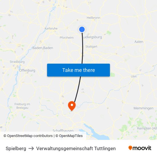 Spielberg to Verwaltungsgemeinschaft Tuttlingen map