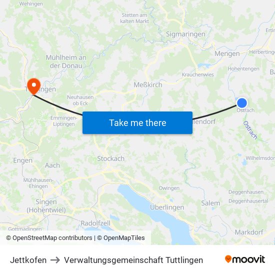 Jettkofen to Verwaltungsgemeinschaft Tuttlingen map