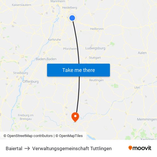 Baiertal to Verwaltungsgemeinschaft Tuttlingen map