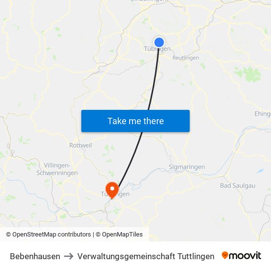 Bebenhausen to Verwaltungsgemeinschaft Tuttlingen map