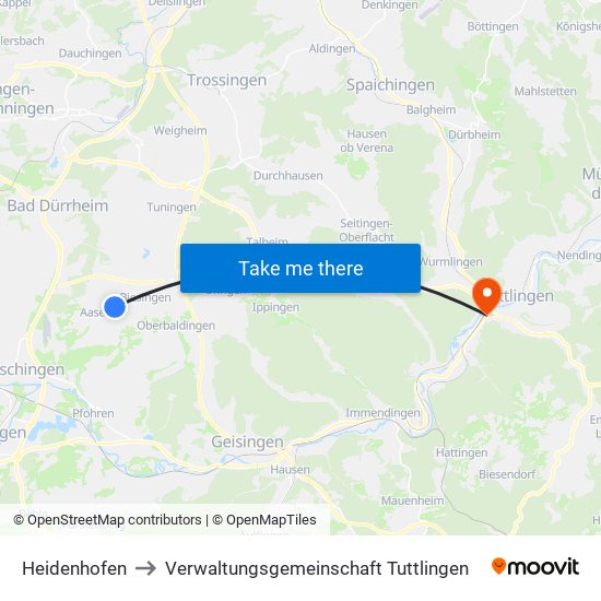 Heidenhofen to Verwaltungsgemeinschaft Tuttlingen map