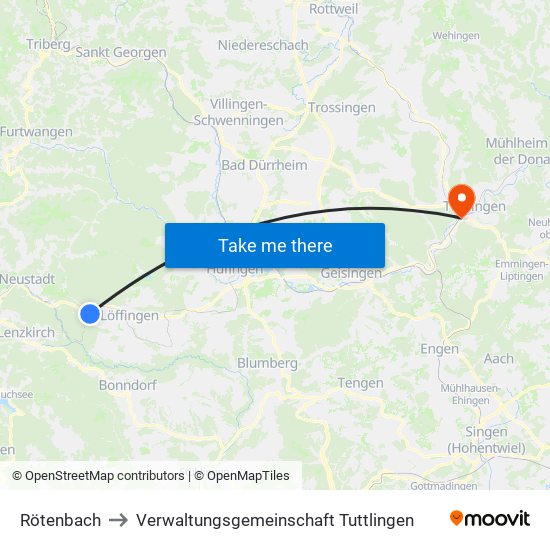 Rötenbach to Verwaltungsgemeinschaft Tuttlingen map