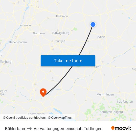 Bühlertann to Verwaltungsgemeinschaft Tuttlingen map