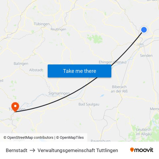 Bernstadt to Verwaltungsgemeinschaft Tuttlingen map