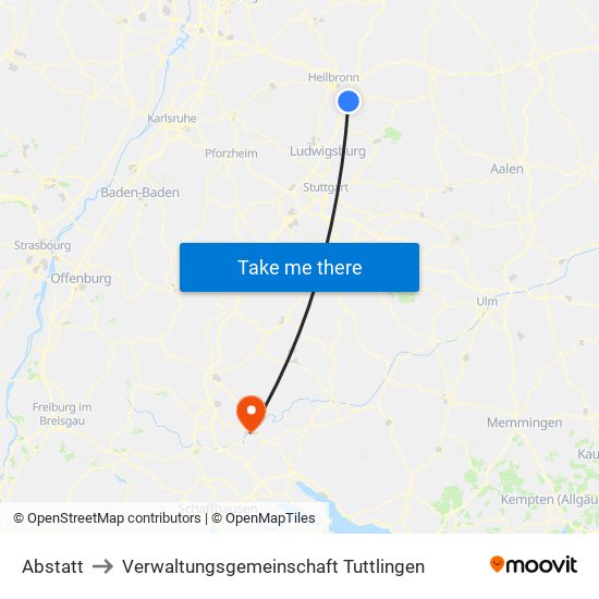 Abstatt to Verwaltungsgemeinschaft Tuttlingen map