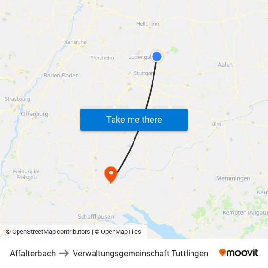 Affalterbach to Verwaltungsgemeinschaft Tuttlingen map