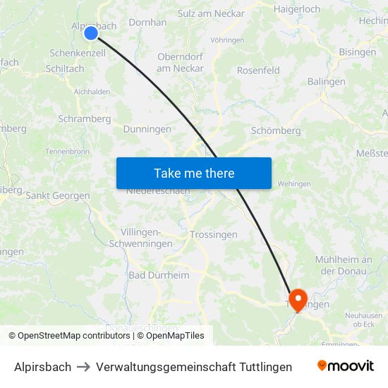 Alpirsbach to Verwaltungsgemeinschaft Tuttlingen map