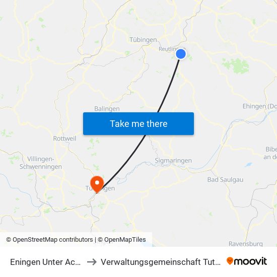 Eningen Unter Achalm to Verwaltungsgemeinschaft Tuttlingen map