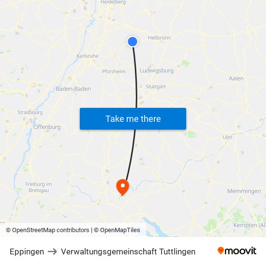 Eppingen to Verwaltungsgemeinschaft Tuttlingen map