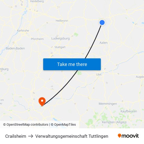 Crailsheim to Verwaltungsgemeinschaft Tuttlingen map