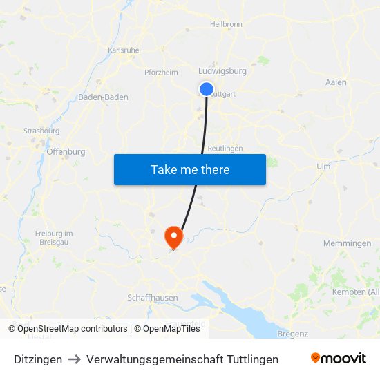 Ditzingen to Verwaltungsgemeinschaft Tuttlingen map