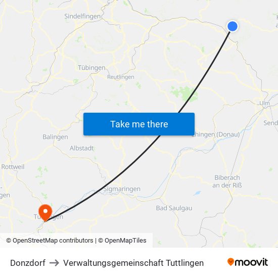 Donzdorf to Verwaltungsgemeinschaft Tuttlingen map