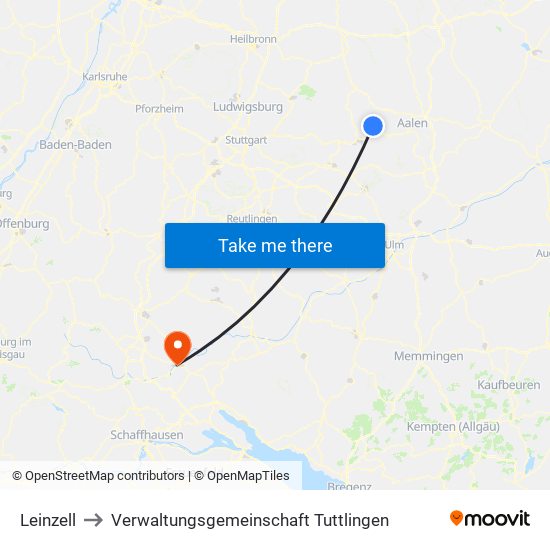 Leinzell to Verwaltungsgemeinschaft Tuttlingen map