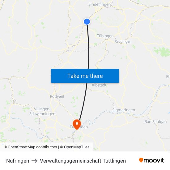 Nufringen to Verwaltungsgemeinschaft Tuttlingen map