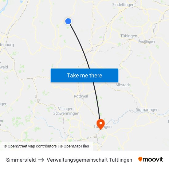 Simmersfeld to Verwaltungsgemeinschaft Tuttlingen map