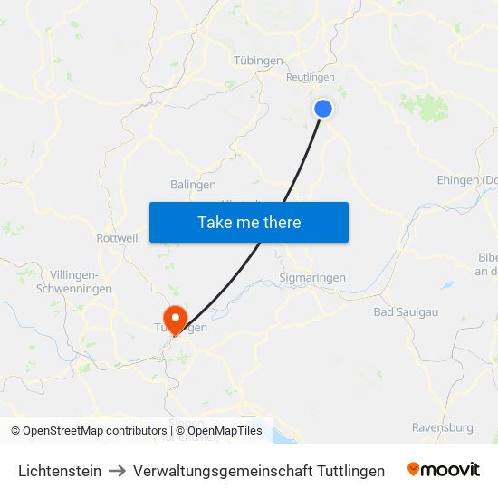 Lichtenstein to Verwaltungsgemeinschaft Tuttlingen map