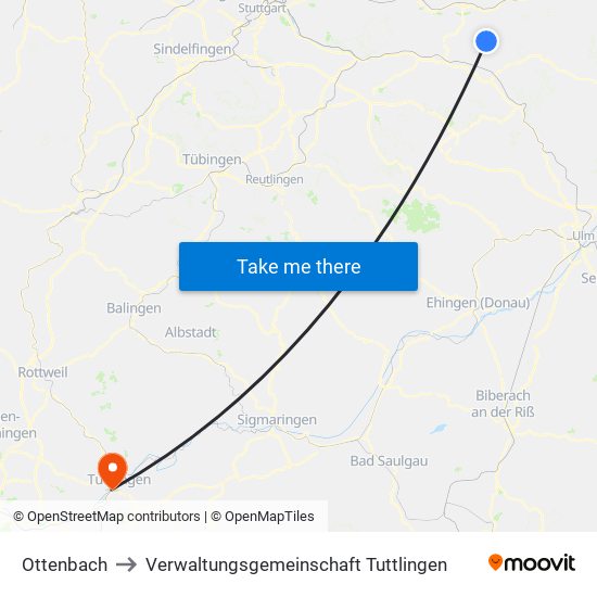 Ottenbach to Verwaltungsgemeinschaft Tuttlingen map