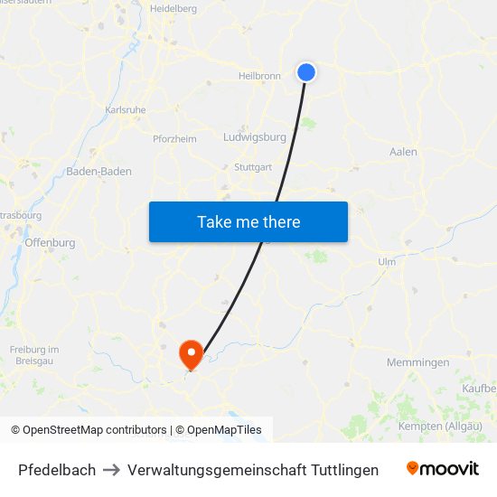 Pfedelbach to Verwaltungsgemeinschaft Tuttlingen map