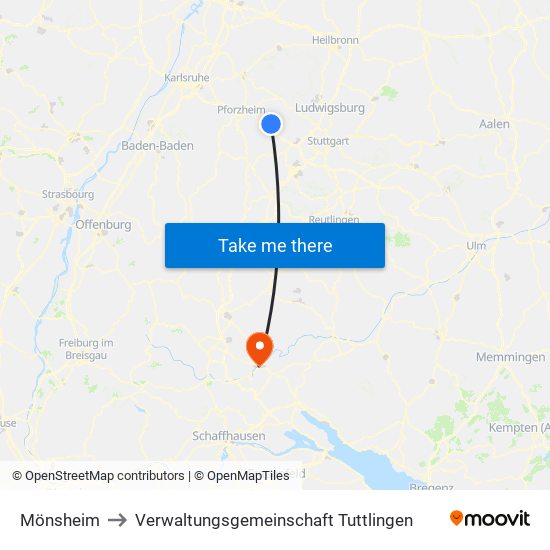 Mönsheim to Verwaltungsgemeinschaft Tuttlingen map