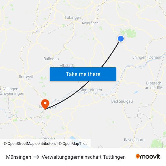 Münsingen to Verwaltungsgemeinschaft Tuttlingen map