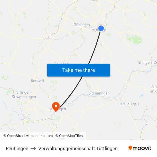 Reutlingen to Verwaltungsgemeinschaft Tuttlingen map