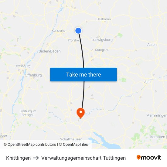 Knittlingen to Verwaltungsgemeinschaft Tuttlingen map