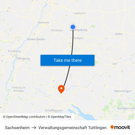 Sachsenheim to Verwaltungsgemeinschaft Tuttlingen map