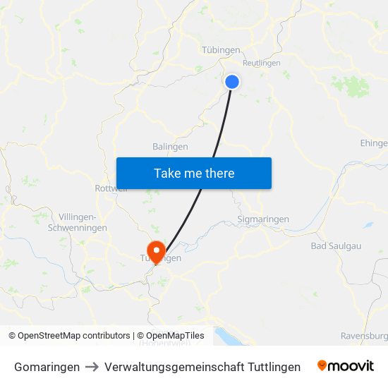 Gomaringen to Verwaltungsgemeinschaft Tuttlingen map